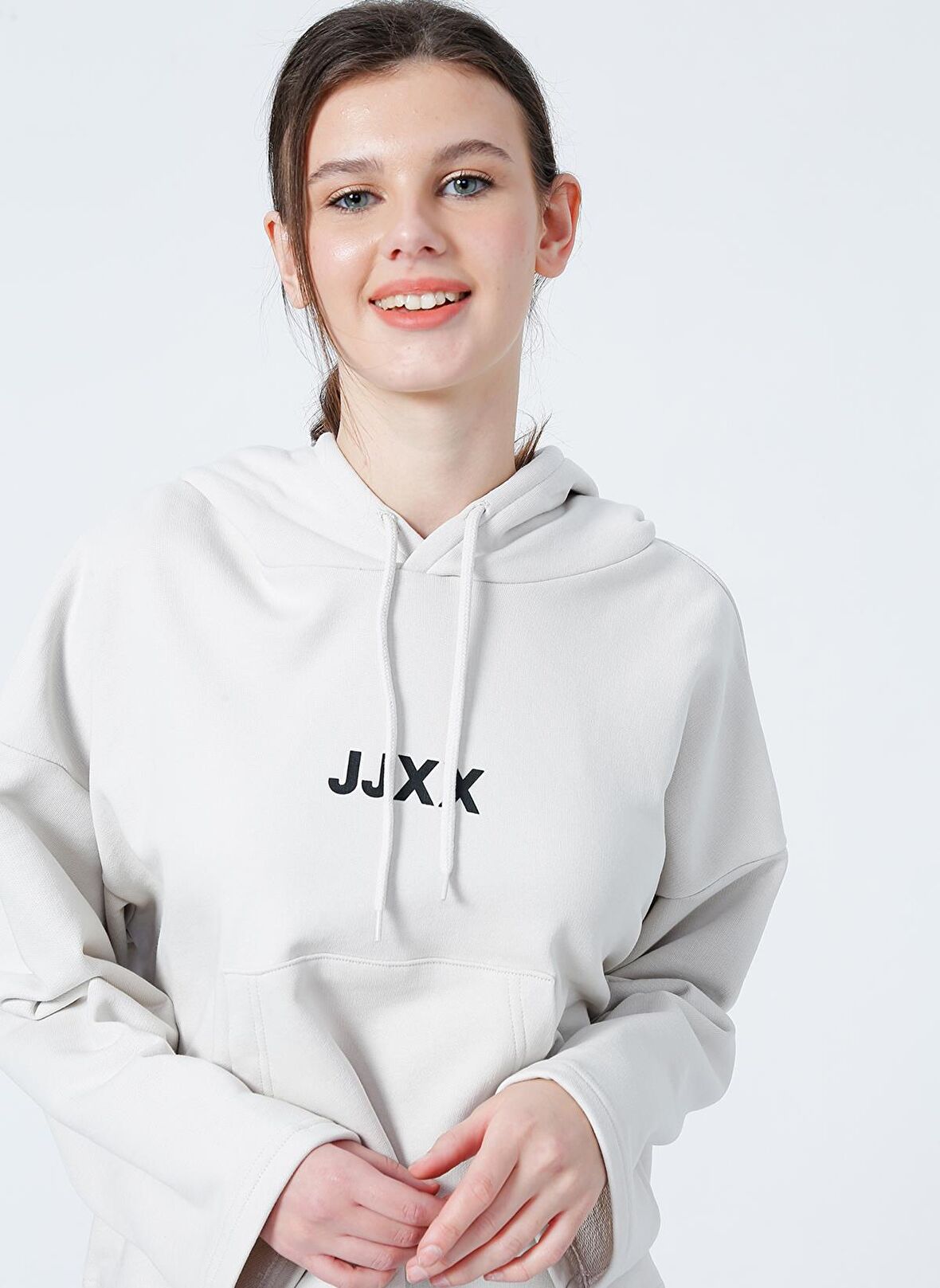 JJXX Kapüşon Yaka Düz Krem Kadın Sweatshırt JXCARLA LS OVERSIZE HOODIE BY