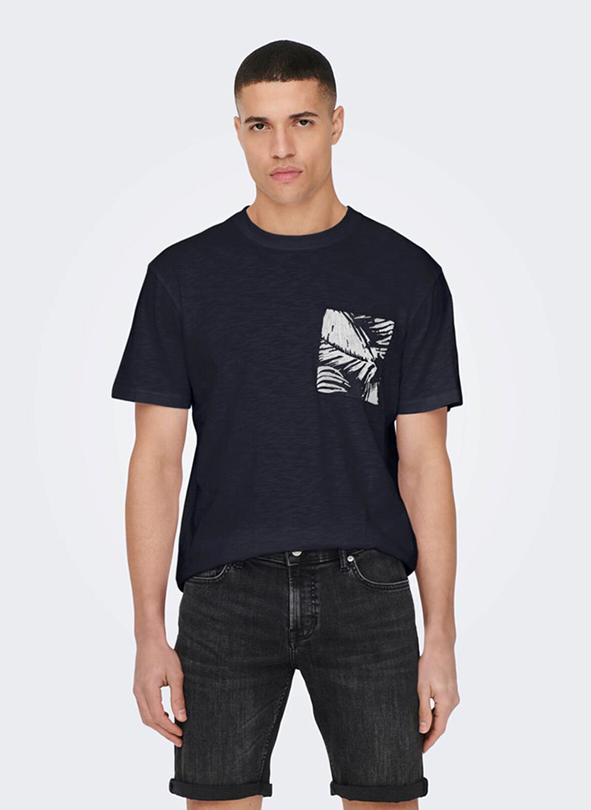 Only & Sons O Yaka Düz Lacivert Erkek T-Shirt 22025286_ONSPERRY LIFE REG LEAF SS