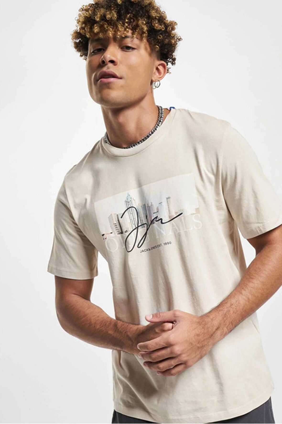 Jack & Jones Erkek Jorjoshua Baskı Detaylı Bisiklet Yaka T-Shirt 12228257 Taş