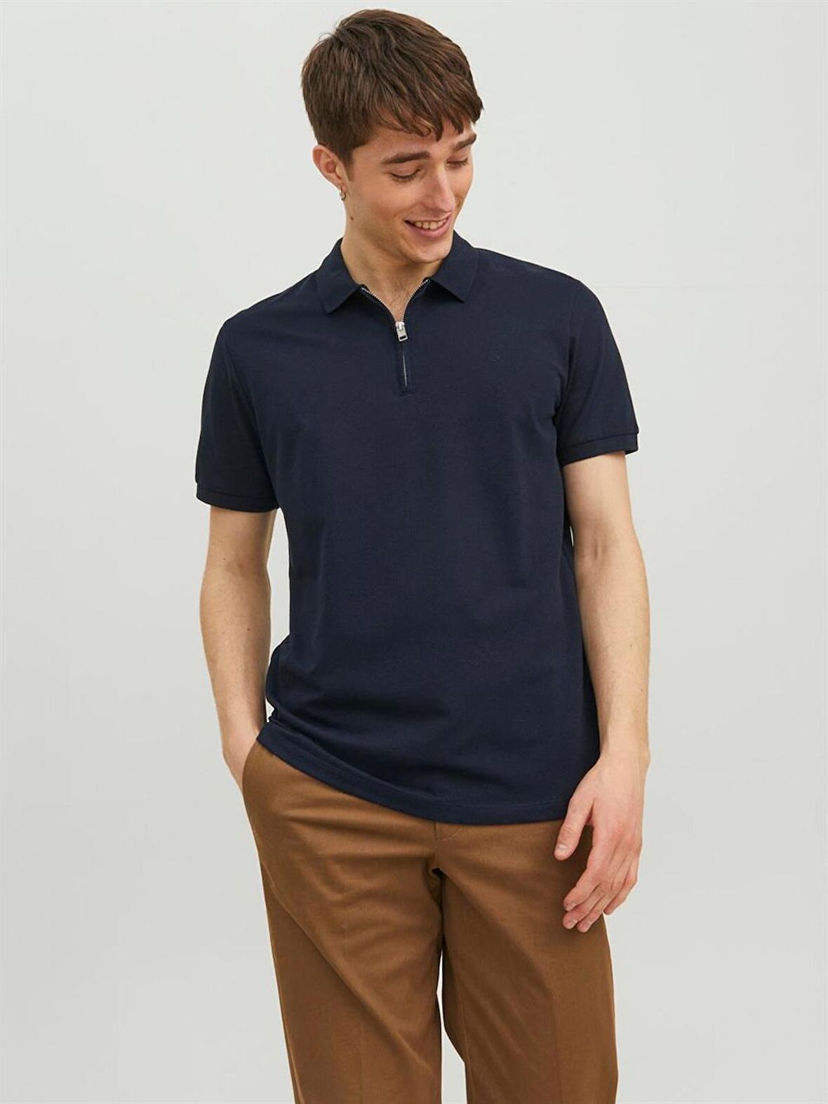 Jack & Jones Polo Yaka Düz Lacivert Erkek T-Shirt 12236235_JPRBLASCOTT ZIP SS POLO SN