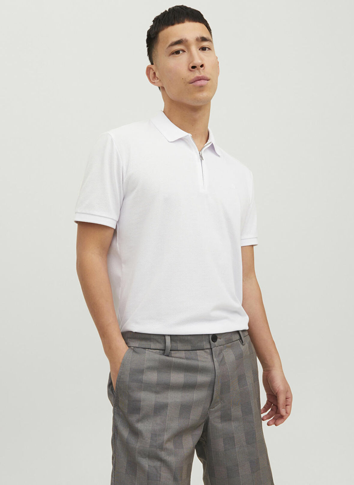 Jack & Jones Polo Yaka Düz Beyaz Erkek T-Shirt 12236235_JPRBLASCOTT ZIP SS POLO SN