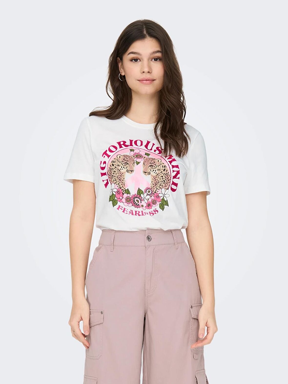 Only Sıfır Yaka Baskılı Beyaz Kadın T-Shirt 15290640