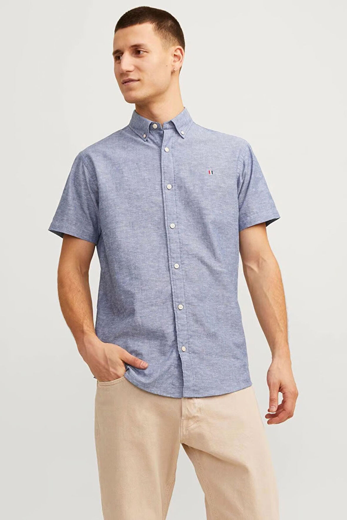 Erkek JPRBLUSUMMER SHIELD Kısa Kollu Gömlek - Koyu Mavi  | XS