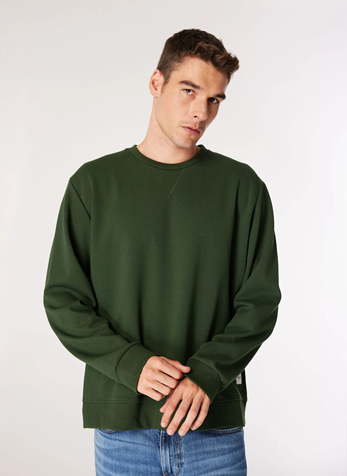 Jack & Jones Düz Yaka Koyu Yeşil Erkek Sweatshırt 12181903_JJEBASIC SWEAT CREW NECK N