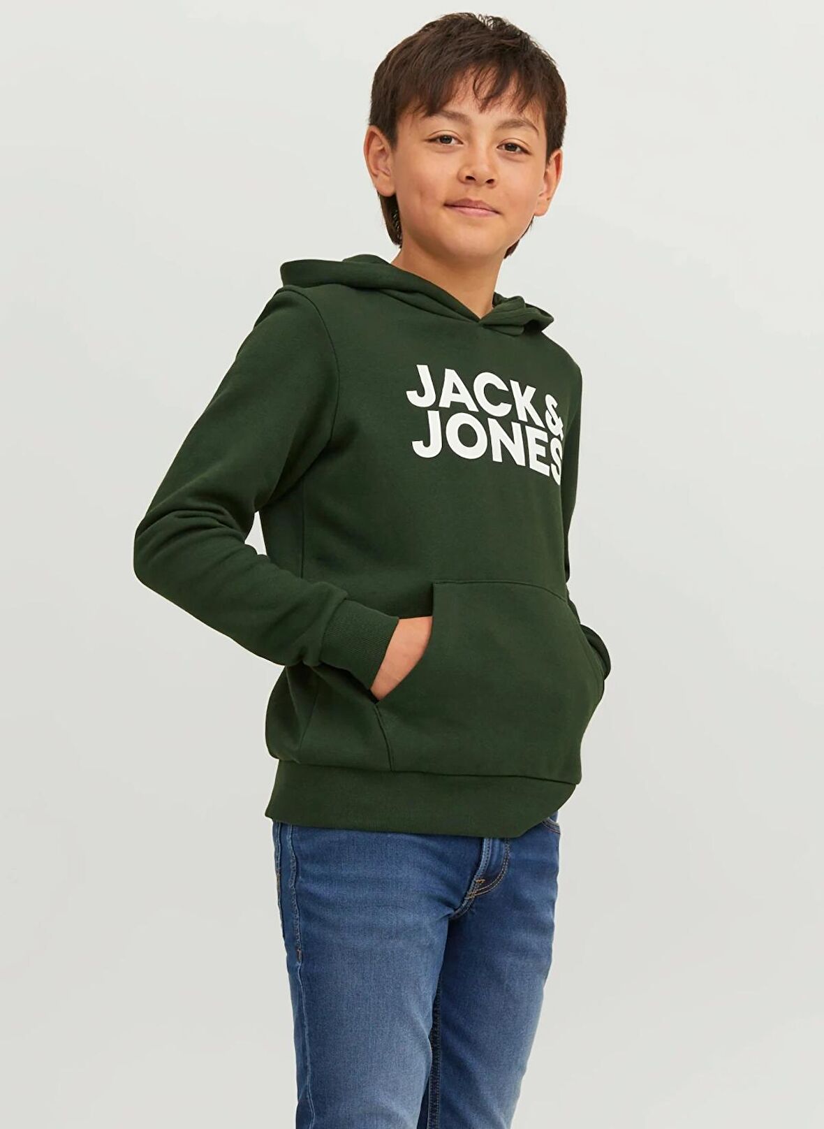 Jack & Jones Koyu Yeşil Erkek Çocuk Kapüşonlu Uzun Kollu Lastikli Baskılı Sweatshirt JJECORP LOGO SWEAT HOOD NOOS JNR