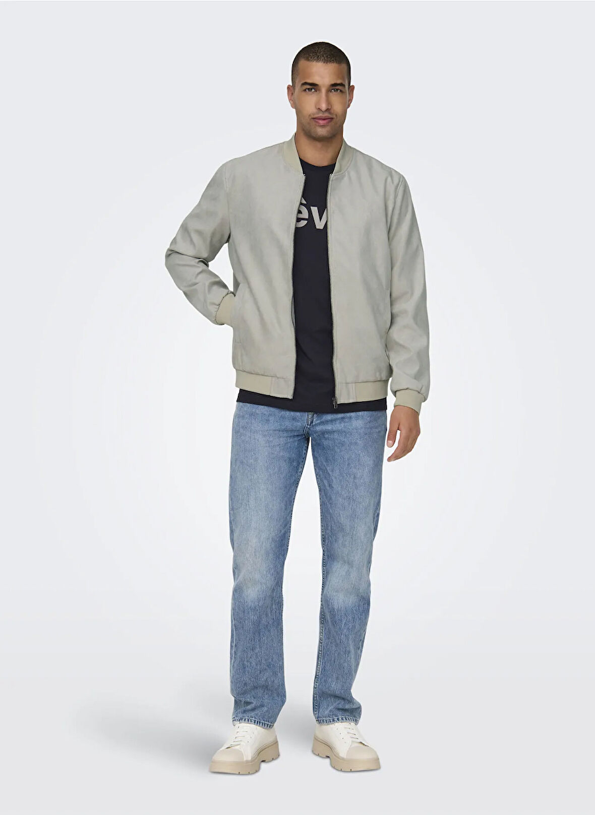 Only & Sons Normal Açık Gri Erkek Ceket ONSLUCAS FAKE SUEDE BOMBER OTW NOOS