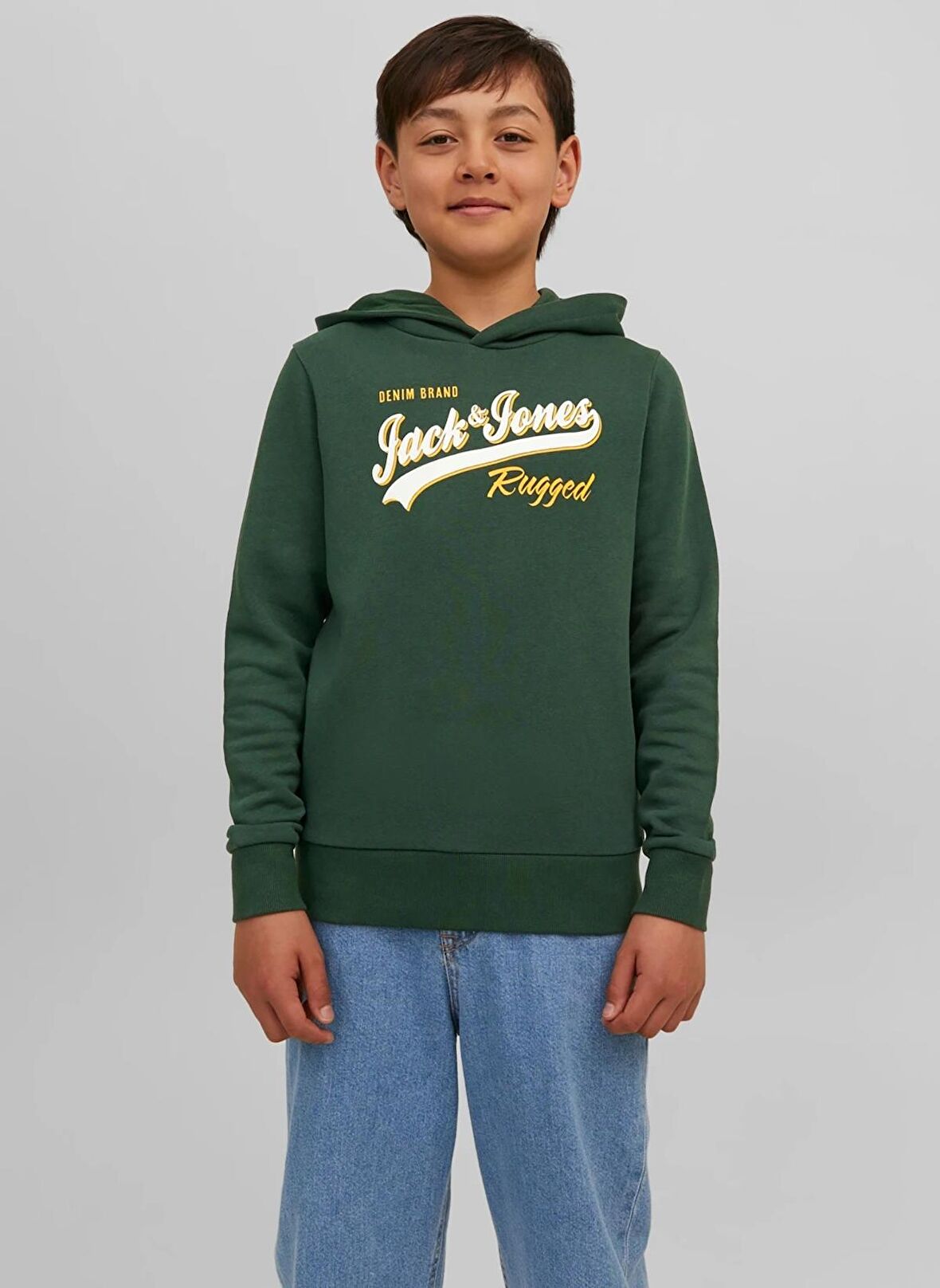 Jack & Jones Koyu Yeşil Erkek Çocuk Kapüşonlu Uzun Kollu Lastikli Baskılı Sweatshirt JJELOGO SWEAT HOOD 2 COL 22/23 NOOS