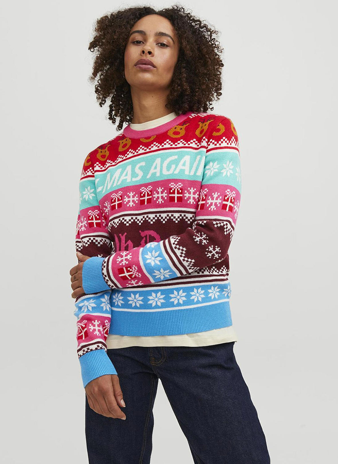 JJXX Bisiklet Yaka Normal Desenli Mavi Kazak Kadın JXMAS CREW NECK KNIT