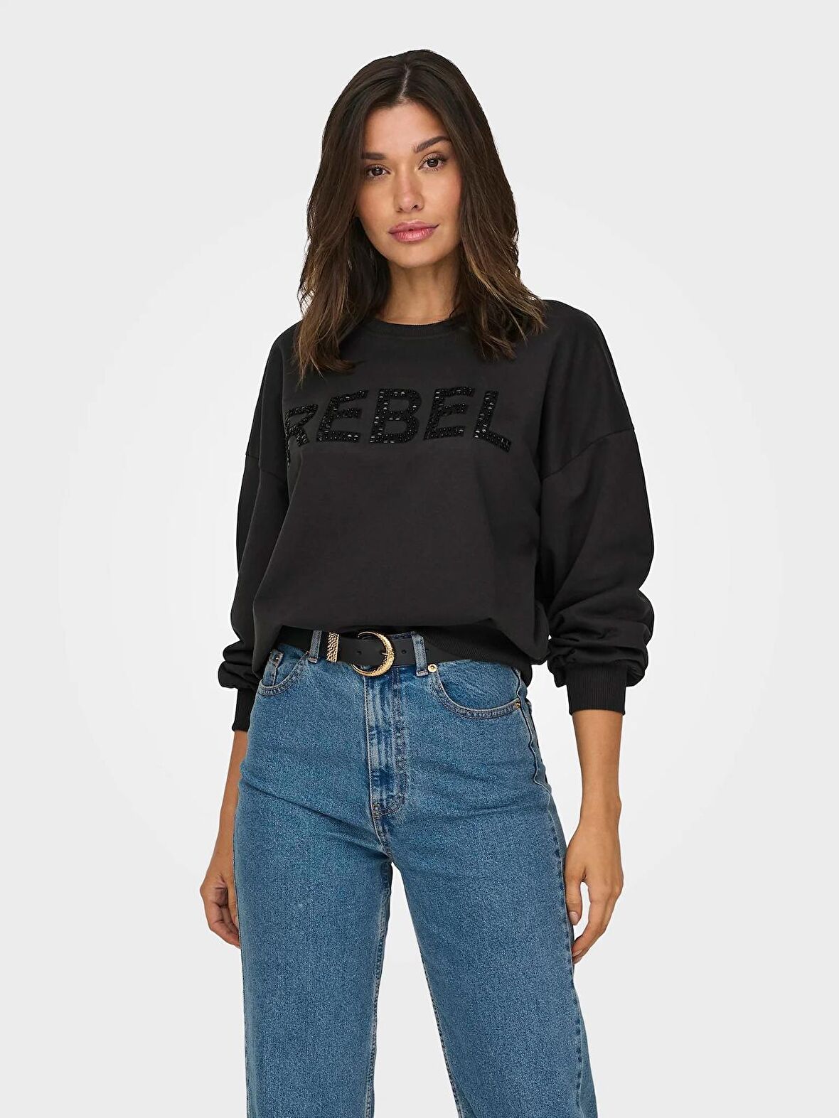 Only Kadın Bisiklet Yaka Taşlı Sweatshirt - 15310260