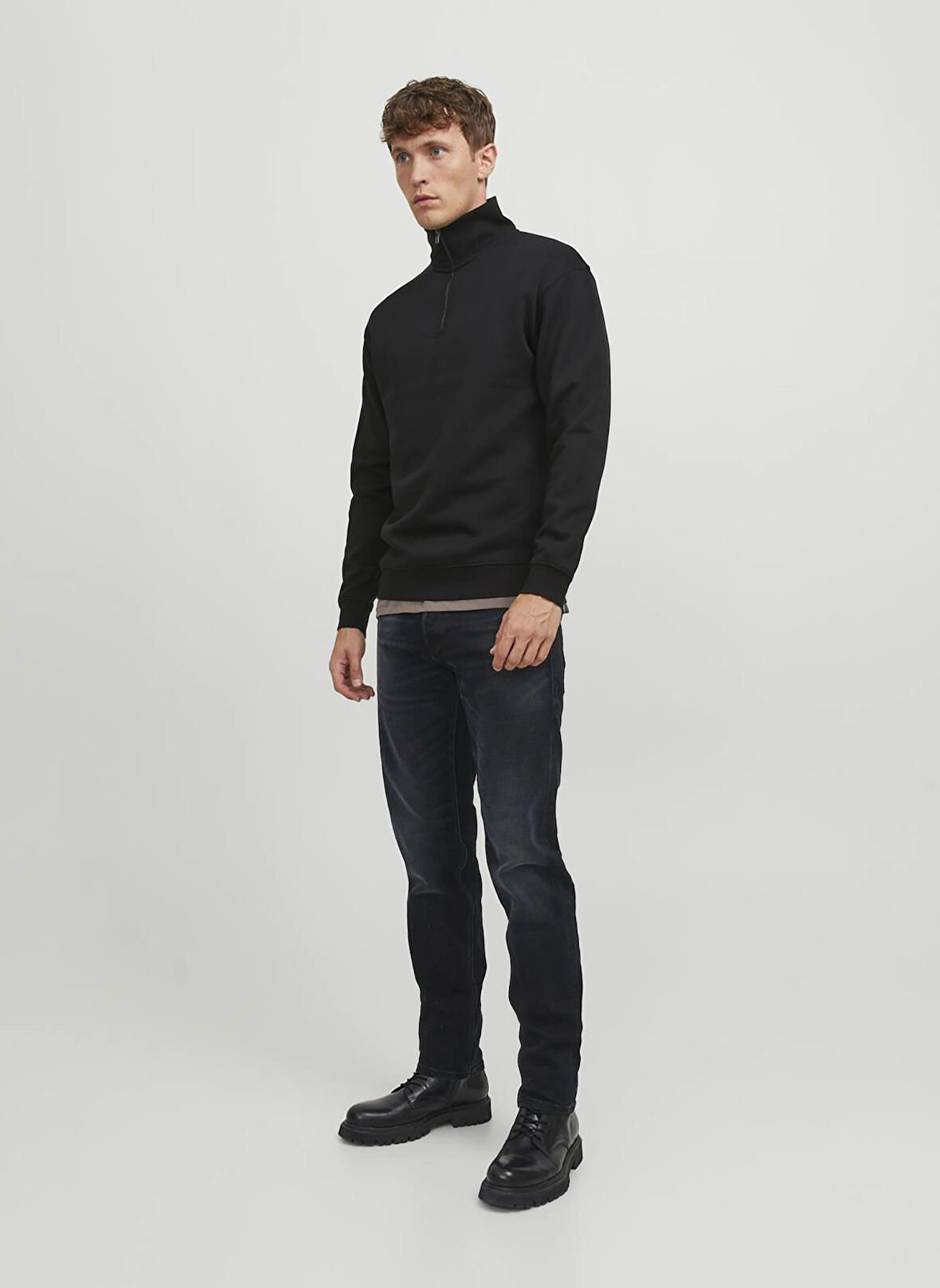 Jack & Jones Dik Yaka Siyah Erkek Sweatshırt 12250747_JJEBRADLEY SWEAT HALF ZIP