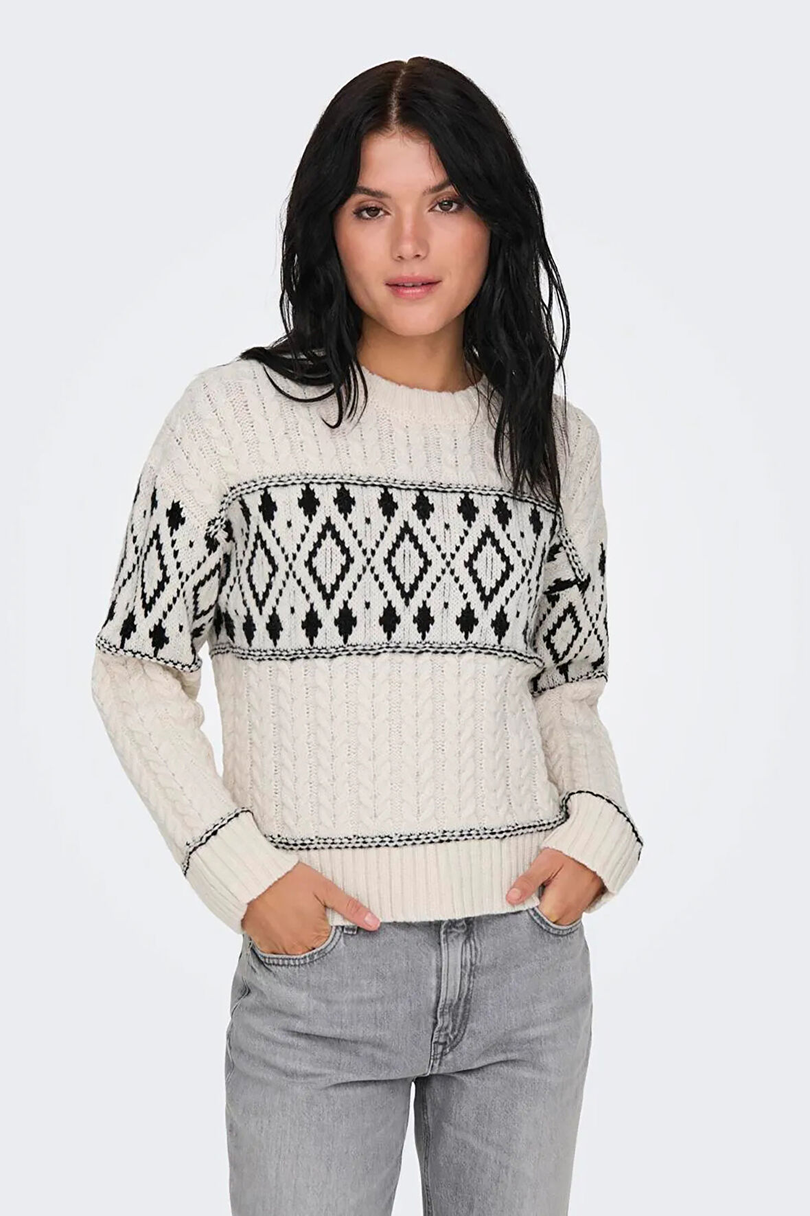 Only Kadın Onlmarent Sıfır Yaka Uzun Kollu Desenli Örme Kazak 15314887 Ekru