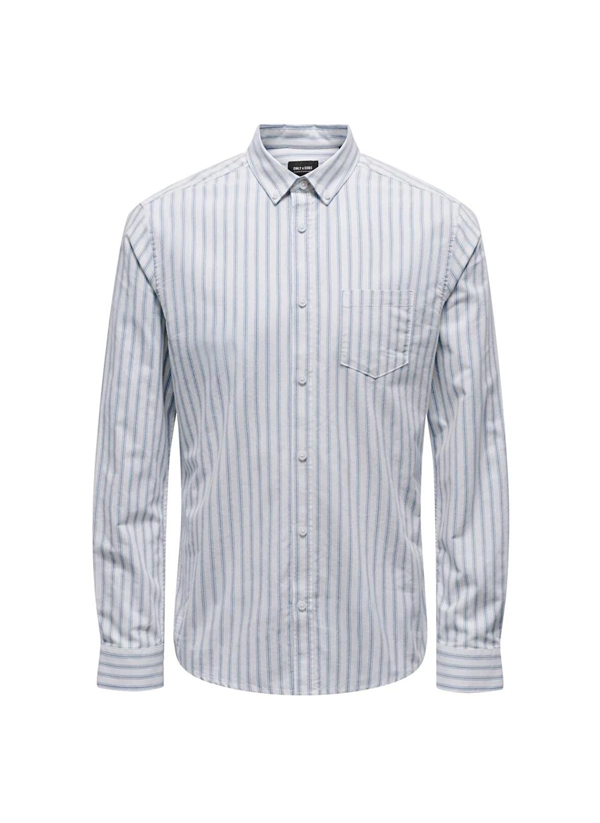 Only & Sons Slim Fit Gri - Mavi Çizgili Erkek Gömlek ONSALVARO SLIM LS OXFORD STRIPE SHI