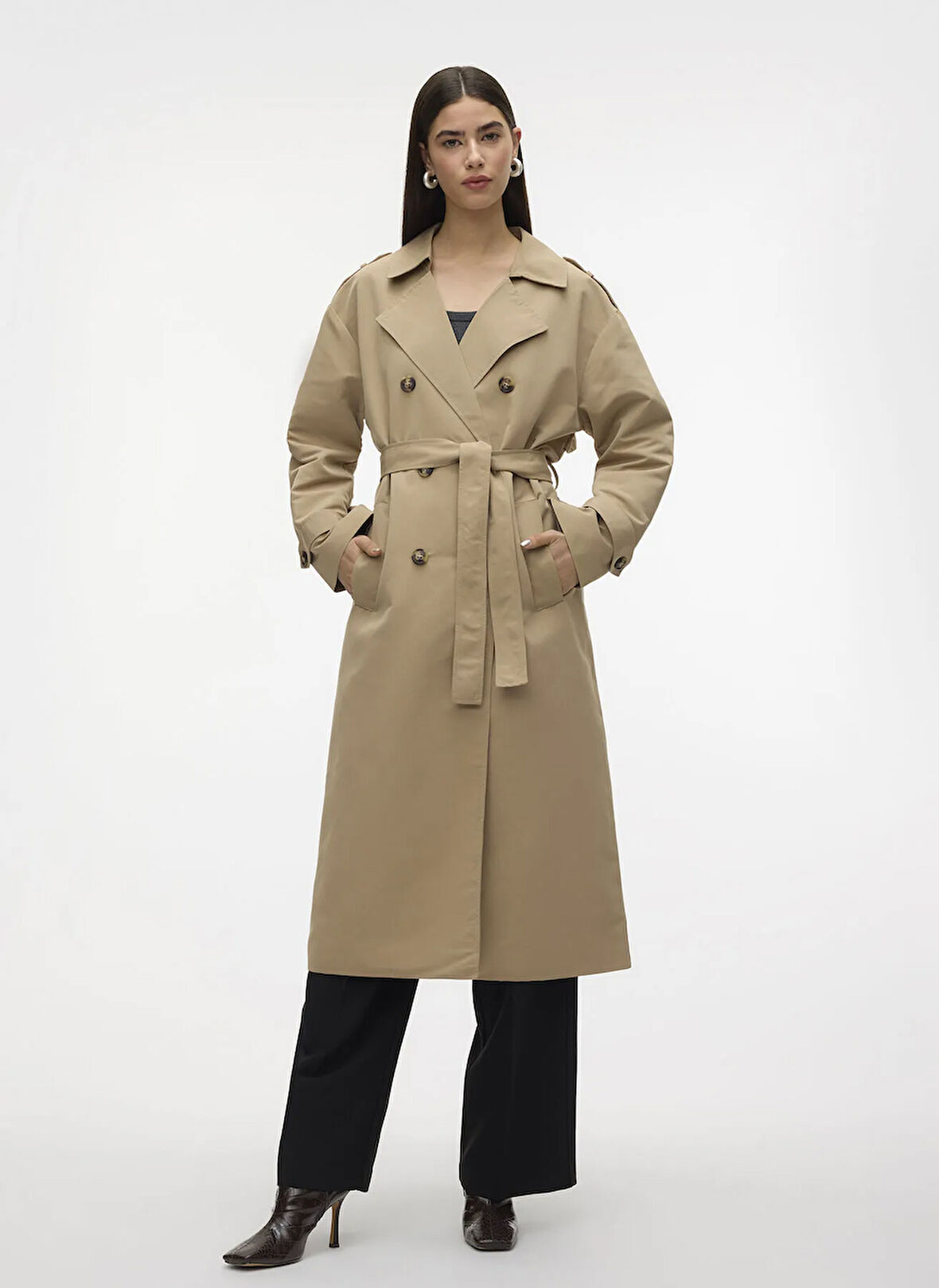 Vero Moda Krem Kadın Trençkot VMCHLOE LONG TRENCHCOAT GA NOOS