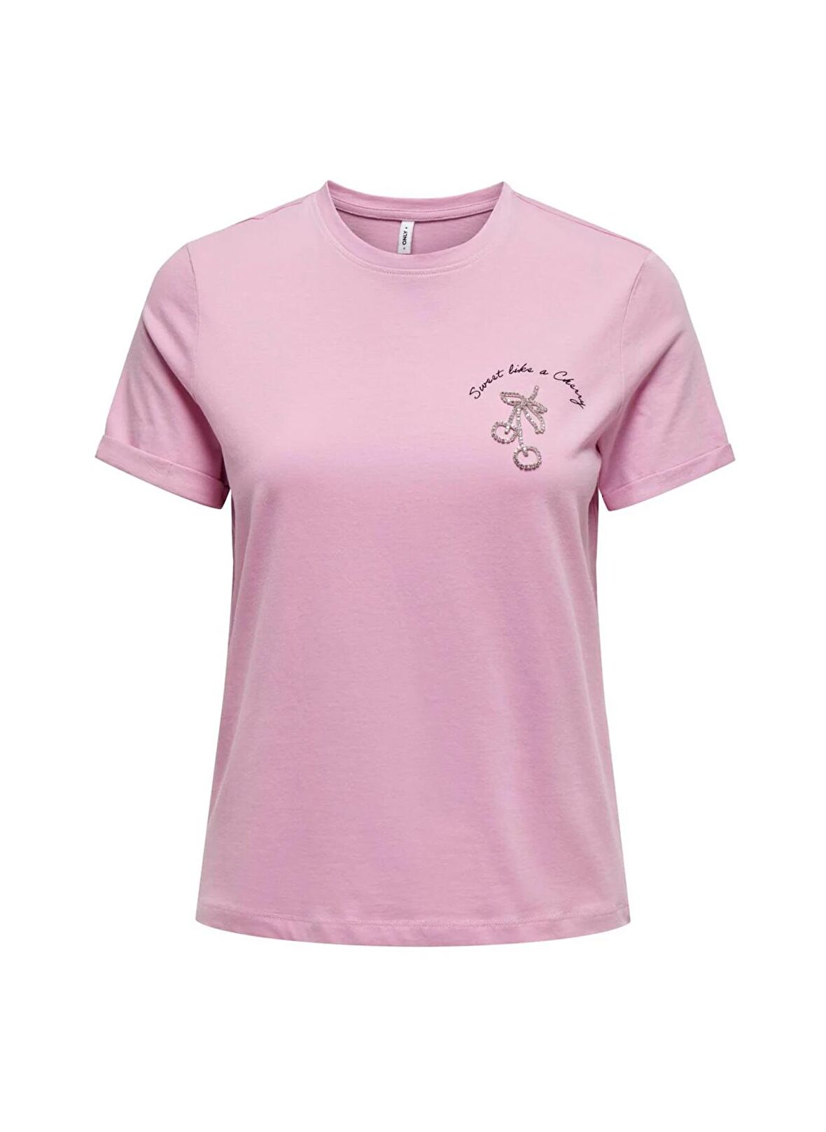 Only O Yaka Baskılı Pembe Kadın T-Shirt ONLNEO LIFE REG S/S FOLD-UP TOP BOX
