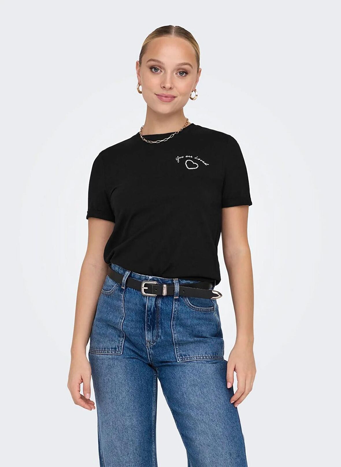 Only O Yaka Baskılı Siyah Kadın T-Shirt ONLNEO LIFE REG S/S FOLD-UP TOP BOX