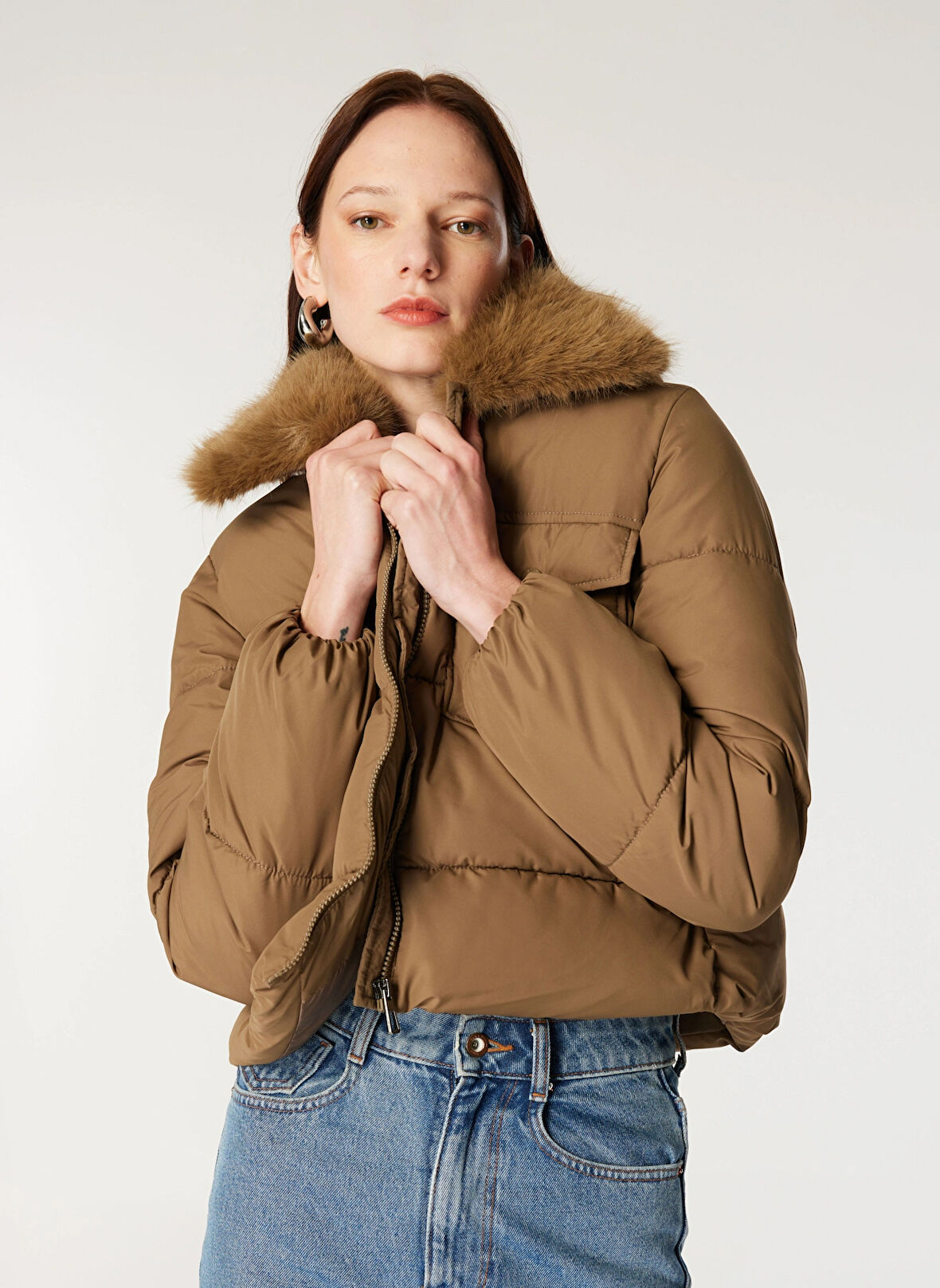 Only Açık Kahve Kadın Mont ONLMAGGI FUR PUFFER LIFE CC OTW