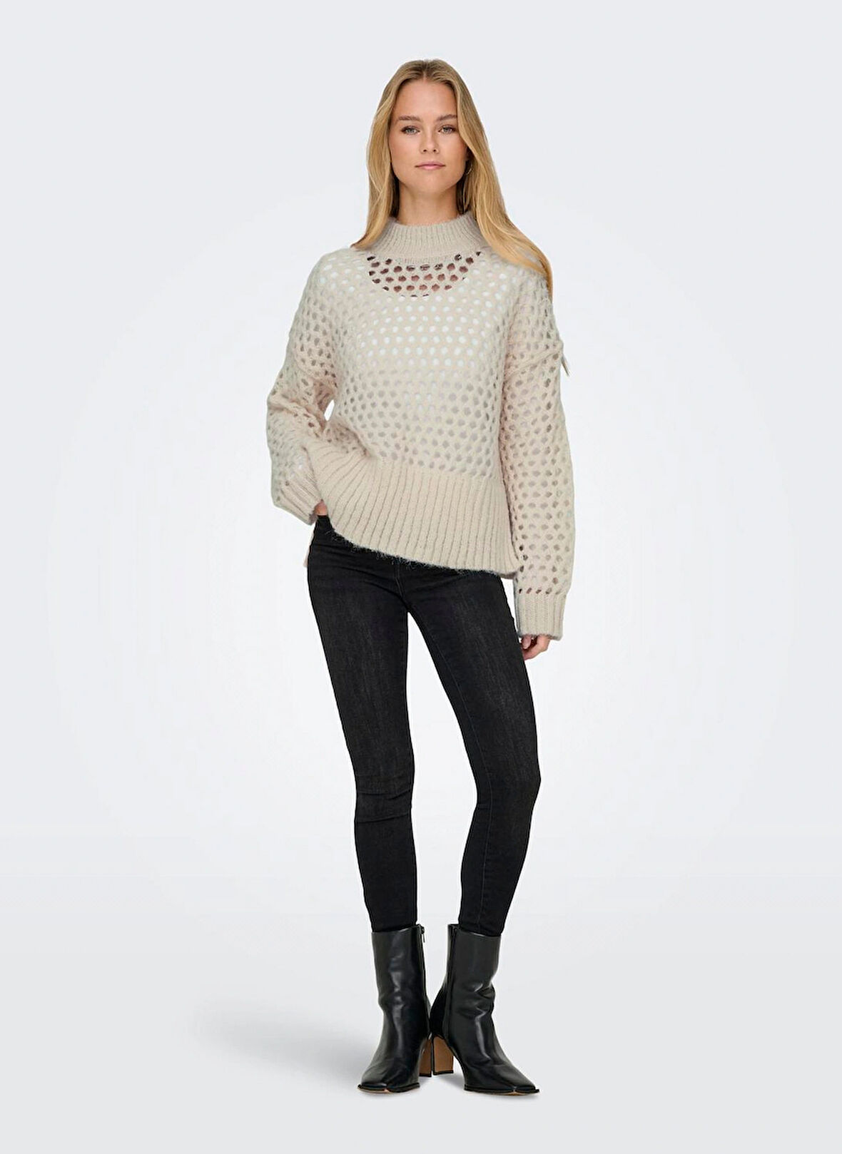 Only Dik Yaka Normal Örgü Desenli Krem Kazak Kadın ONLBILLIE LIFE L/S HIGNECK CC KNT