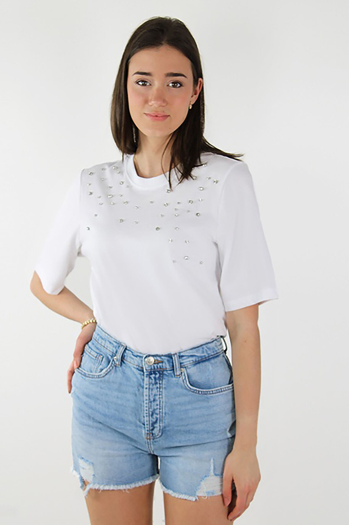 Only Kadın Onljulıa Bisiklet Yaka Taş Detaylı %100 Pamuk T-Shirt 15324847 Beyaz