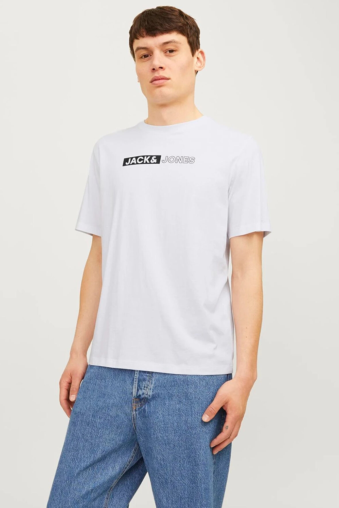 Erkek JJECORP LOGO Yuvarlak Yaka T-Shirt - Beyaz Siyah  | L