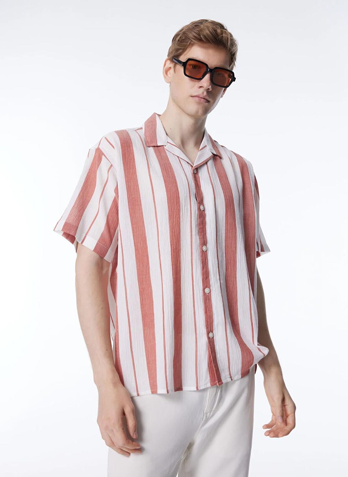 Jack & Jones Relaxed Mercan Erkek Gömlek JORLUKE CREPE RESORT STRIPE SHIRT S