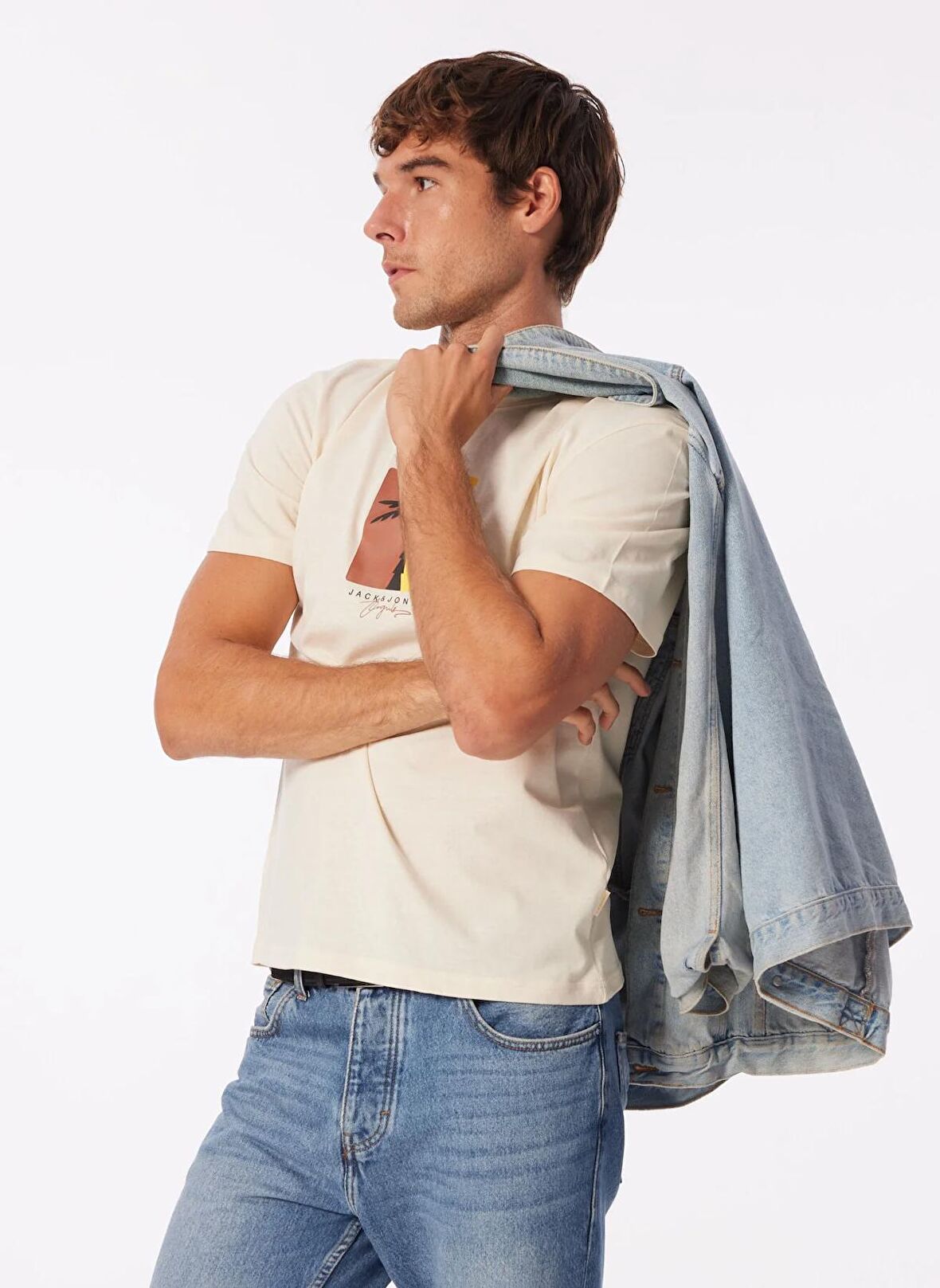Jack & Jones Bisiklet Yaka Krem Erkek T-Shirt JORMARBELLA BRANDING TEE SS CREW NE