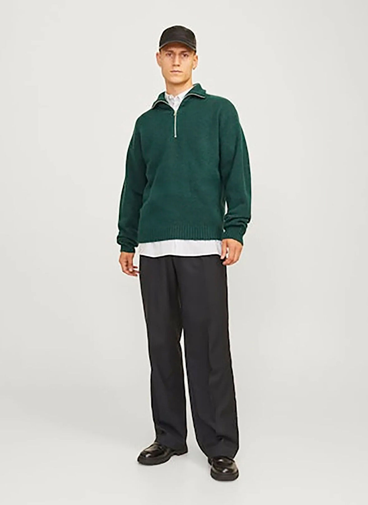 Jack & Jones Dik Yaka Relaxed Koyu Yeşil Erkek Kazak 12241817_JOROLLIE KNIT HALF ZIP SN