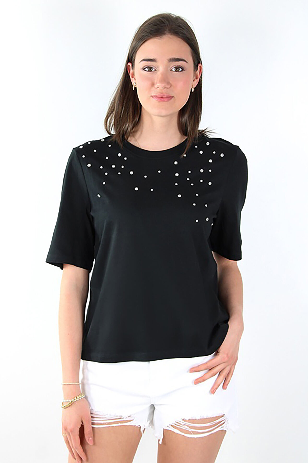 Only Kadın Onljulıa Bisiklet Yaka Taş Detaylı %100 Pamuk T-Shirt 15324847 Siyah