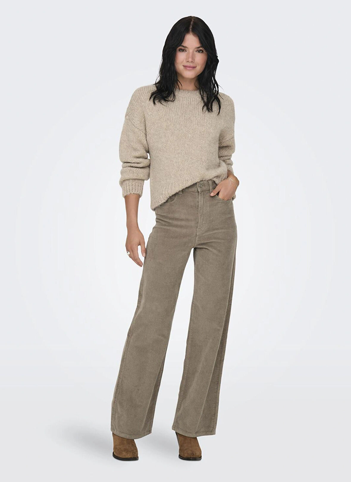 Only Yüksek Bel Rahat Kahve Kadın Pantolon ONLHOPE GLOBAL EX HW WIDE CORD PNT