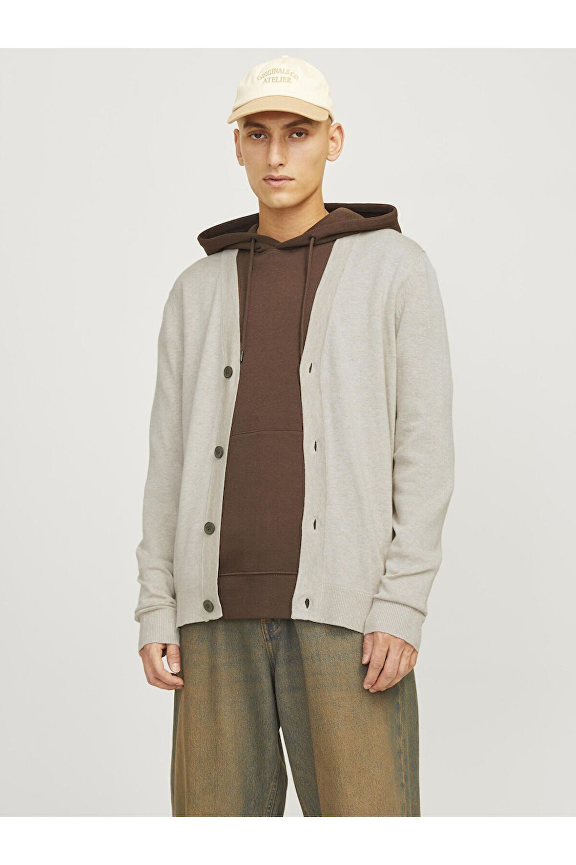 Jack & Jones Erkek Strickjacke Einfarbig Bej Düğmeli Hırka - 12257492