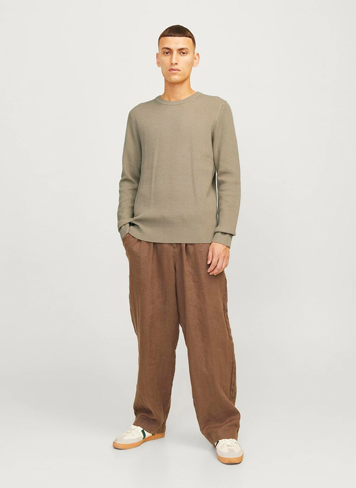 Jack & Jones Dik Yaka Fitted Kahve Erkek Kazak 12257771_JJEPERFECT KNIT CREW NECK