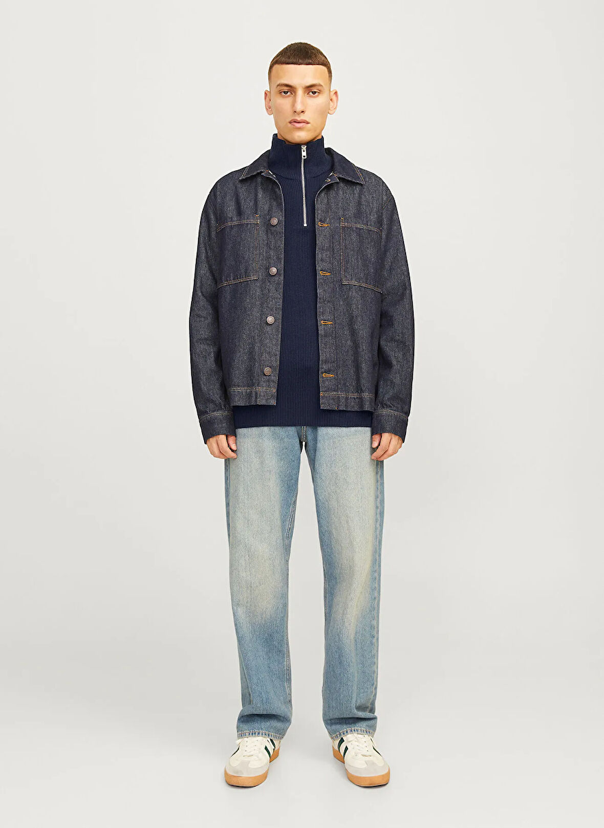 Jack & Jones Bisiklet Yaka A-Form Fit Lacivert Erkek Kazak 12257773_JJEPERFECT KNIT HALF ZIP S