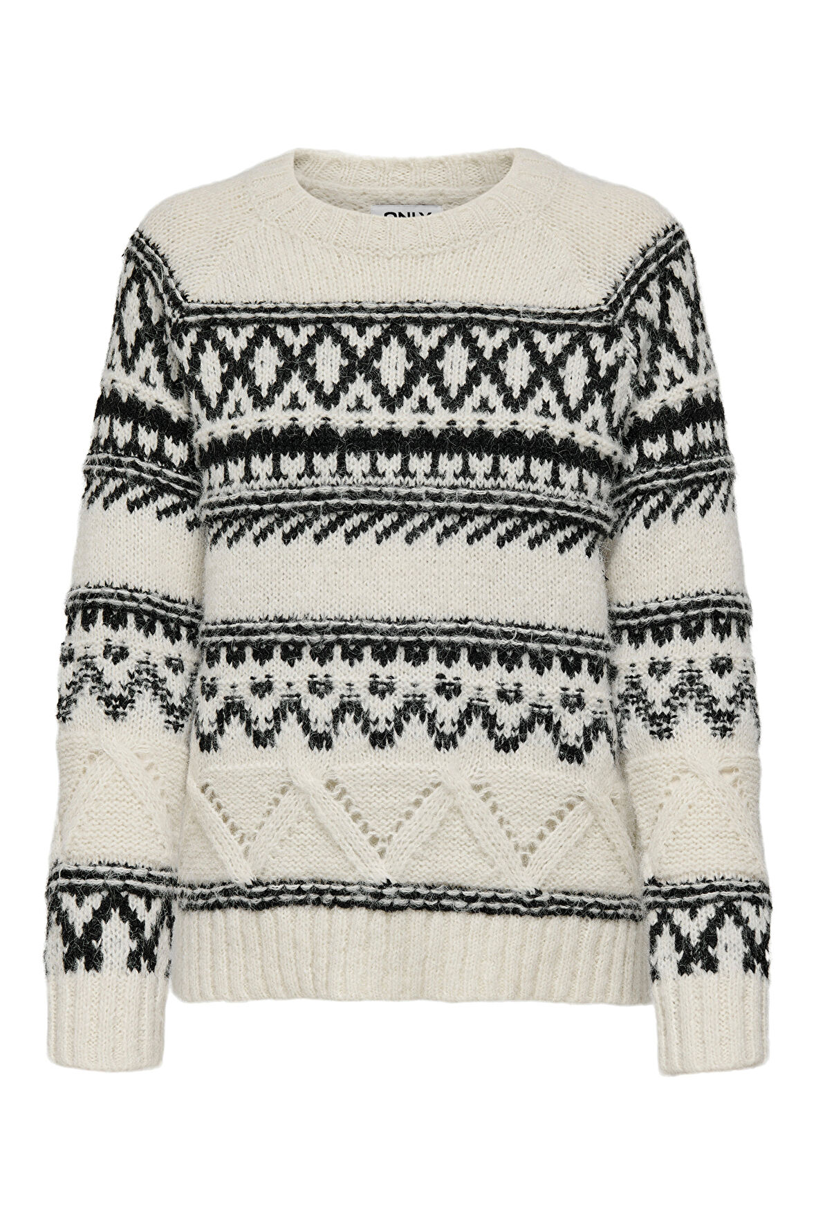 Only Kadın Onlshırly Bisiklet Yaka Uzun Kollu Desenli Örme Kazak 15327644 Ekru