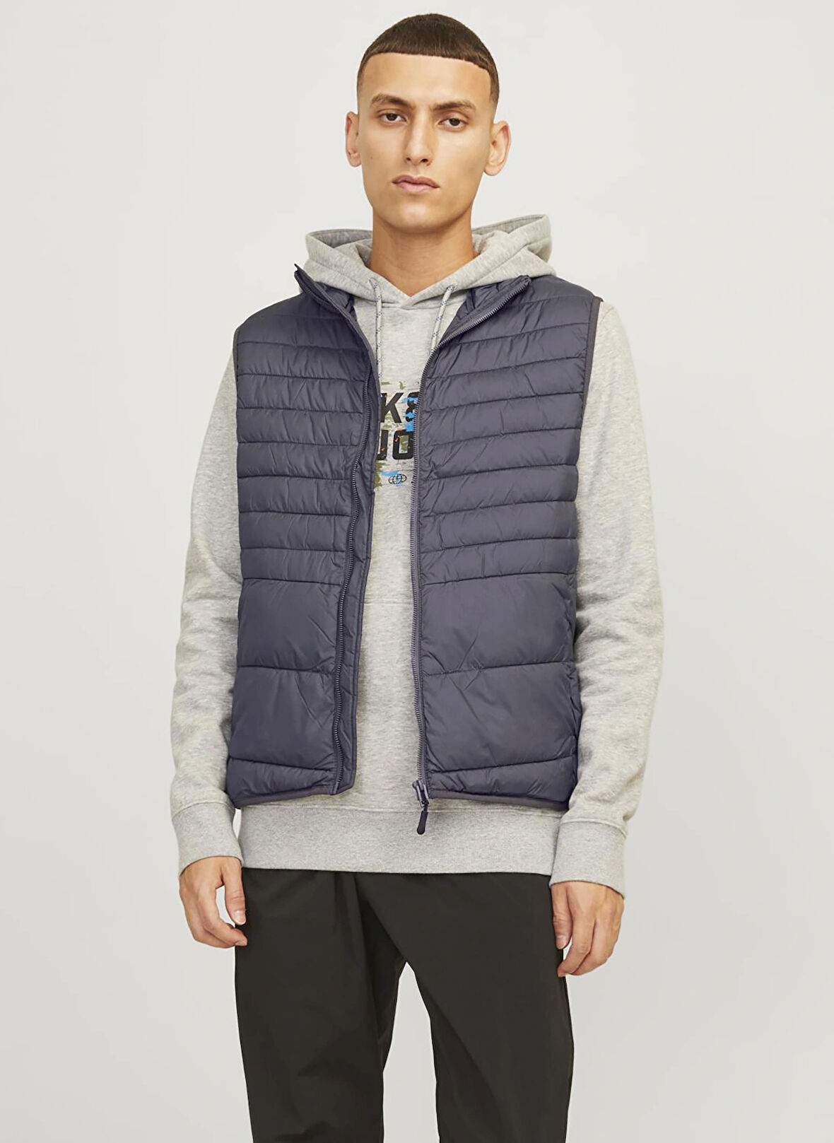 Jack & Jones Gri Erkek Yelek 12256987_JJESTATE PACKABLE BW COLLA