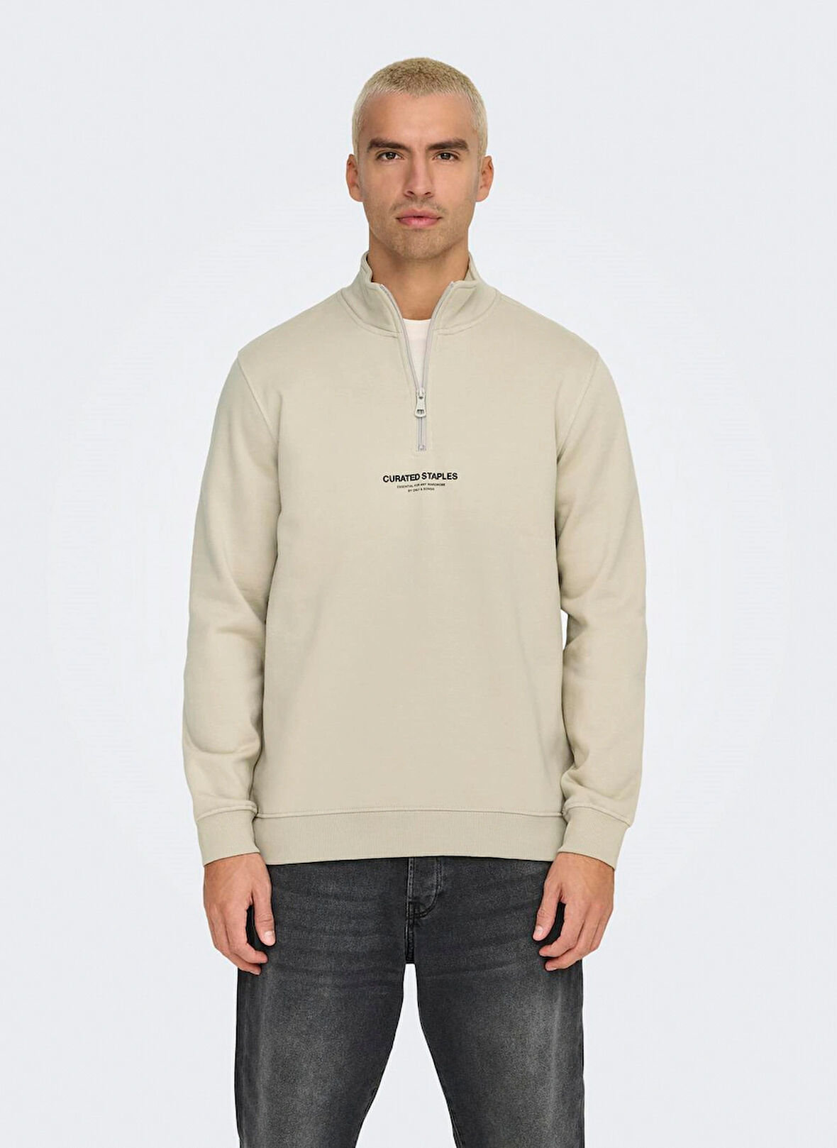 Only & Sons Ekru Erkek Sweatshırt ONSCURATED REG HALF ZIP SWEAT NOOS