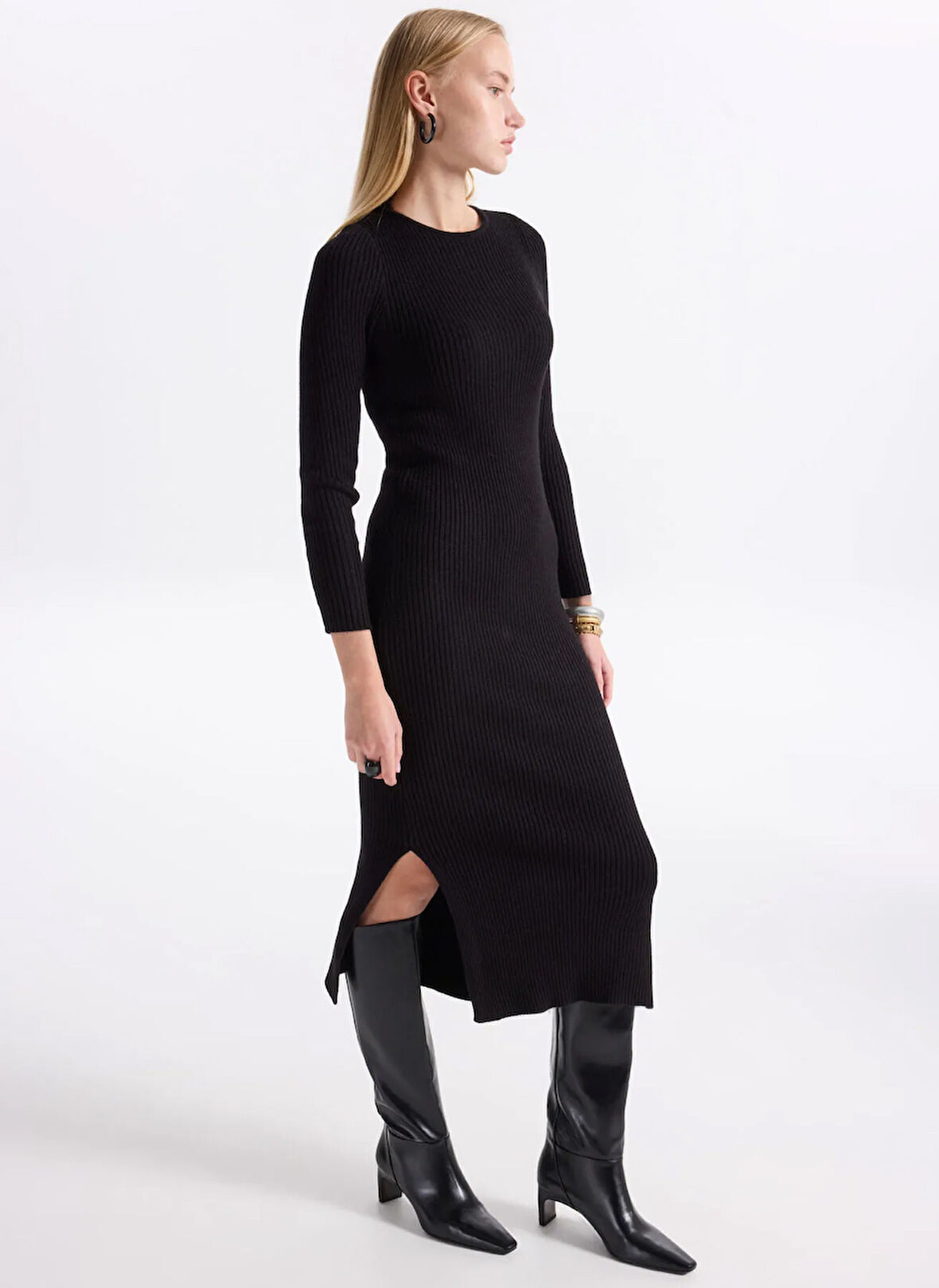 Only Klasik Yaka Düz Siyah Uzun Elbise ONLKATIA LS MAXI BOATN DRESS CC KNT