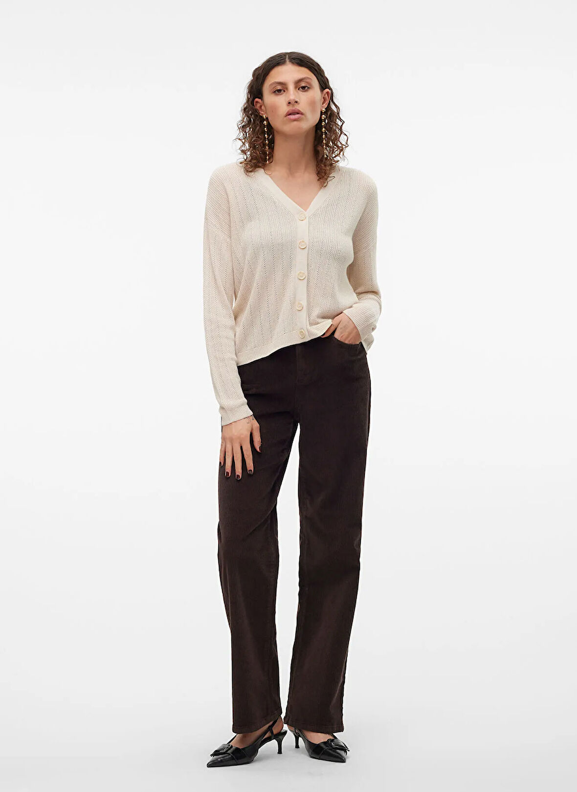 Vero Moda Yüksek Bel Standart Koyu Kahve Kadın Pantolon VMTESSA HR WIDE CORDUROY PANTS GA N