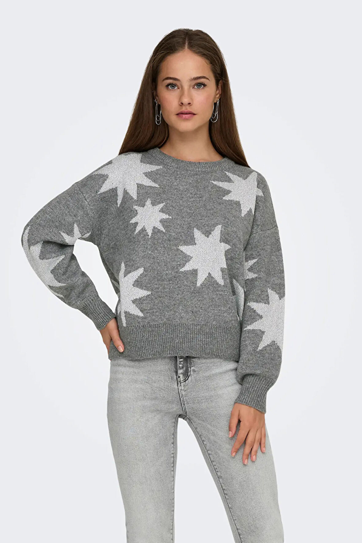 Only Kadın Onlrosıe Yıldız Desenli Bisiklet Yaka Örme Kazak 15328250 Gri