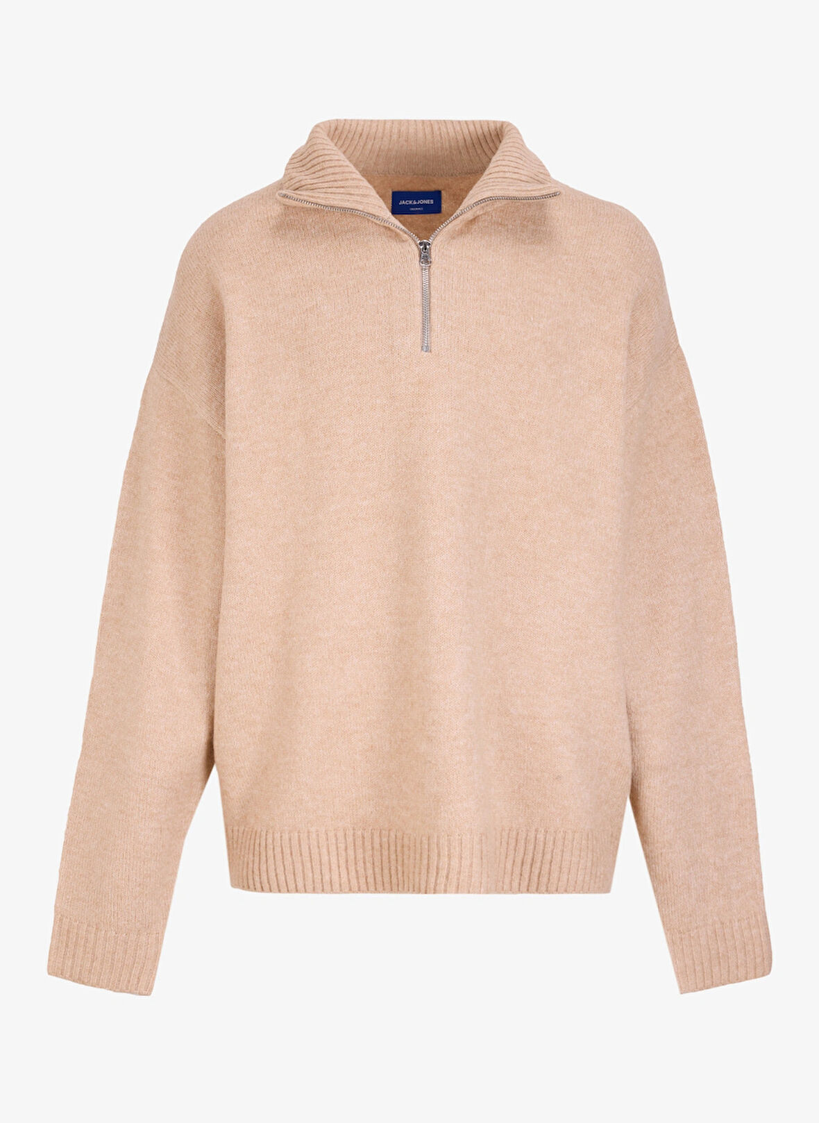 Jack & Jones Dik Yaka Relaxed Bej Erkek Kazak 12241817_JOROLLIE KNIT HALF ZIP SN