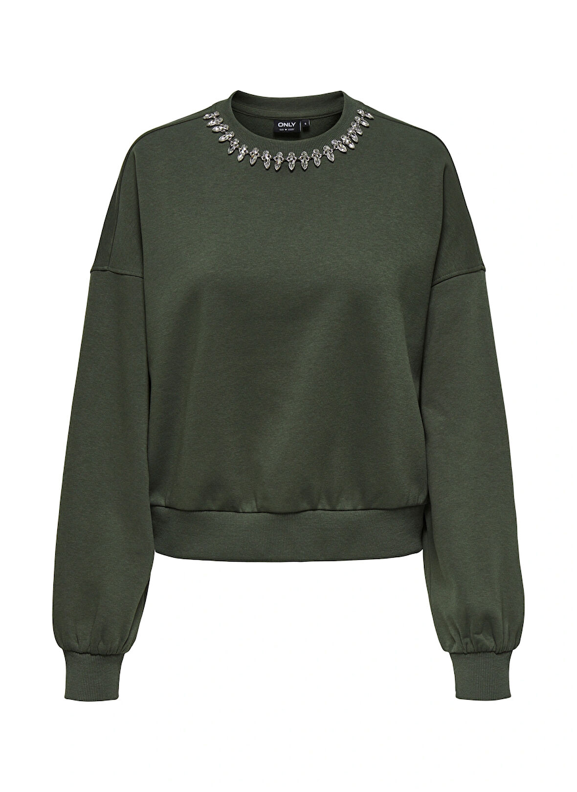 Only O Yaka Taşlamalı Yeşil Kadın Sweatshırt ONLKIARA L/S O-NECK EMBELLISHMENT S