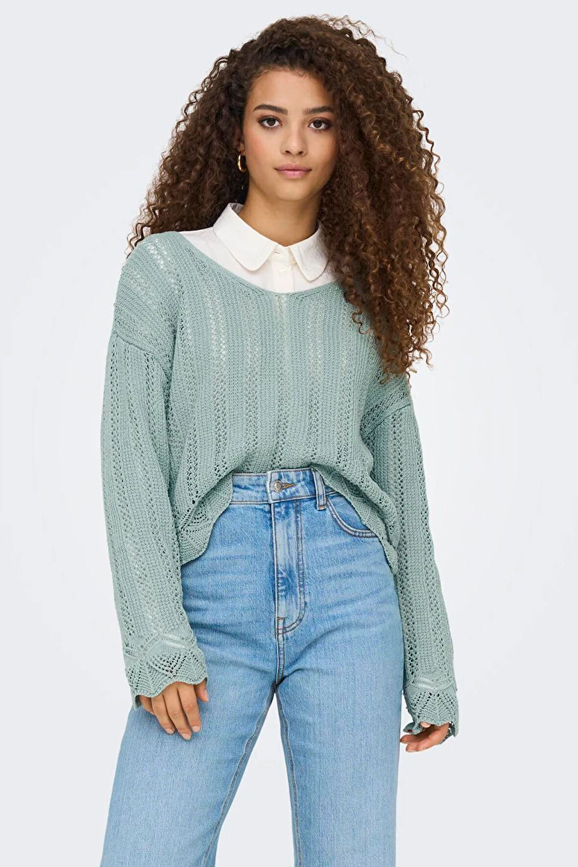 Only Kadın Regular Fit V Yaka Mavi Örme Kazak - 15339529