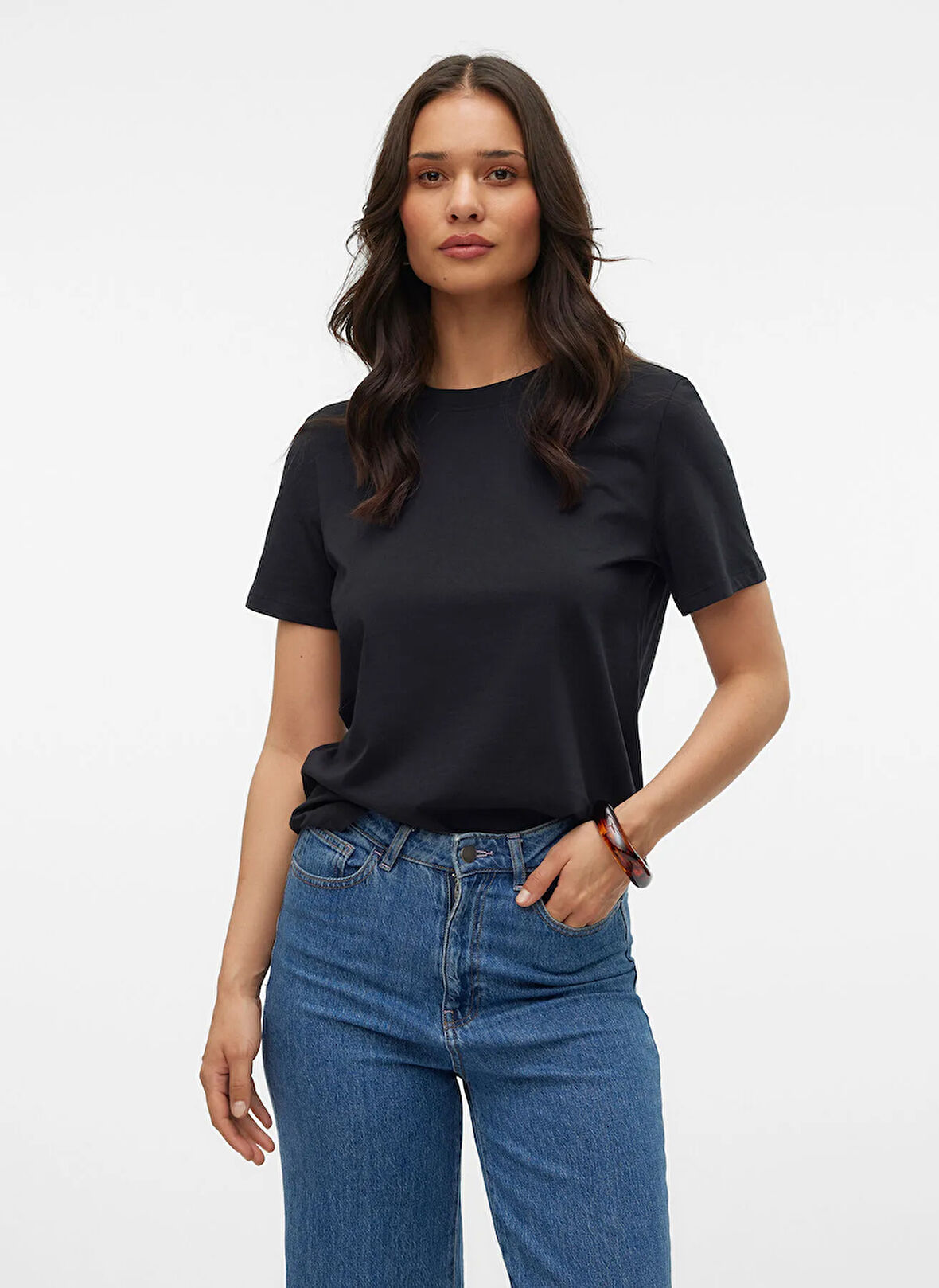 Vero Moda Bisiklet Yaka Siyah Kadın T-Shirt VMPAULINA SS T-SHIRT JRS NOOS