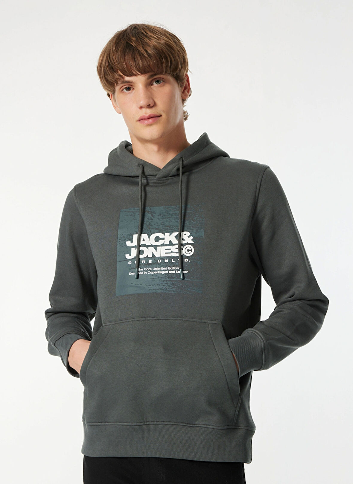 Jack & Jones Kapüşon Yaka Gri Erkek Sweatshırt 12269940_JCOAERO FRONT PRINT SWEAT