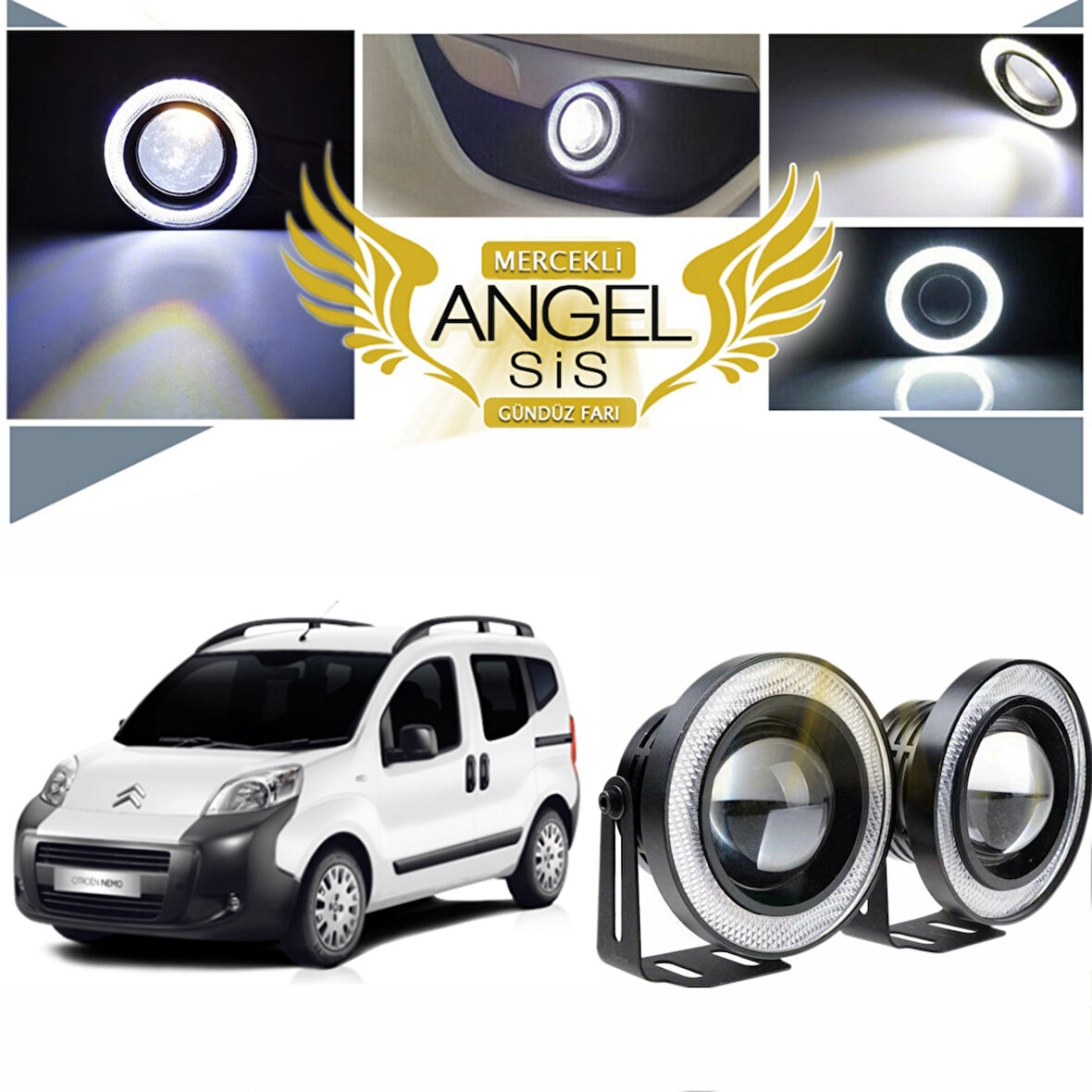 Citroën Nemo Uyumlu, Universal Mercekli Led Angel Sis Farı, 76mm Beyaz Renk