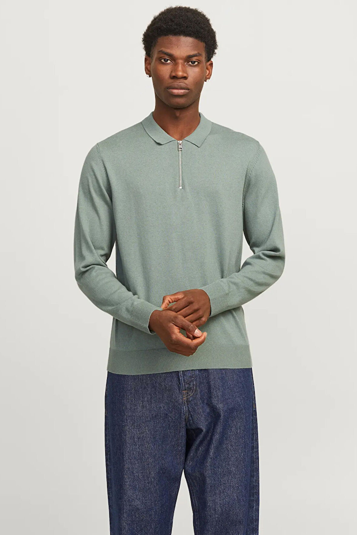 Jack & Jones Erkek Yarım Fermuarlı Polo Yaka Yeşil Kazak - 12268210