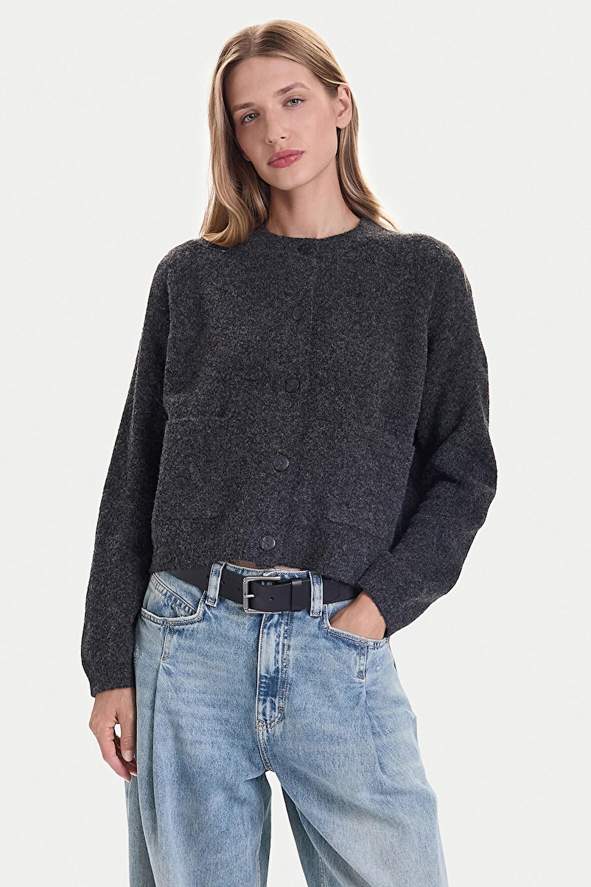 Only Kadın Onlpıemonte Sıfır Yaka Torba Cepli Yünlü Hırka 15344118 Koyu Gri