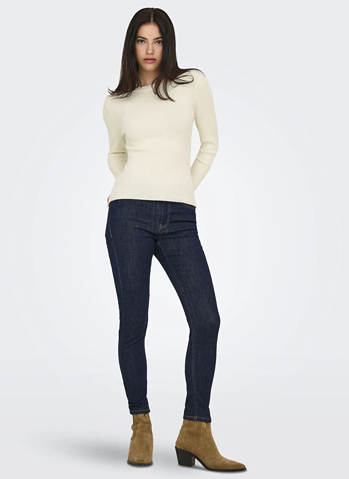 Only O Yaka Dar Çizgili Krem Kazak Kadın ONLLOUISA LS PULLOVER KNT