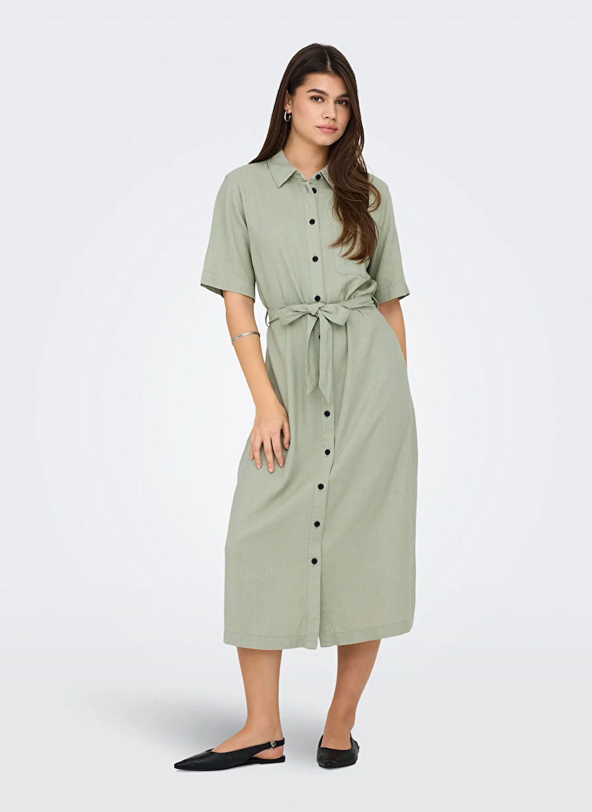 Only Gömlek Yaka Düz Yeşil Uzun Kadın Elbise ONLCARO S/S LINEN BL BELT DRESS CC