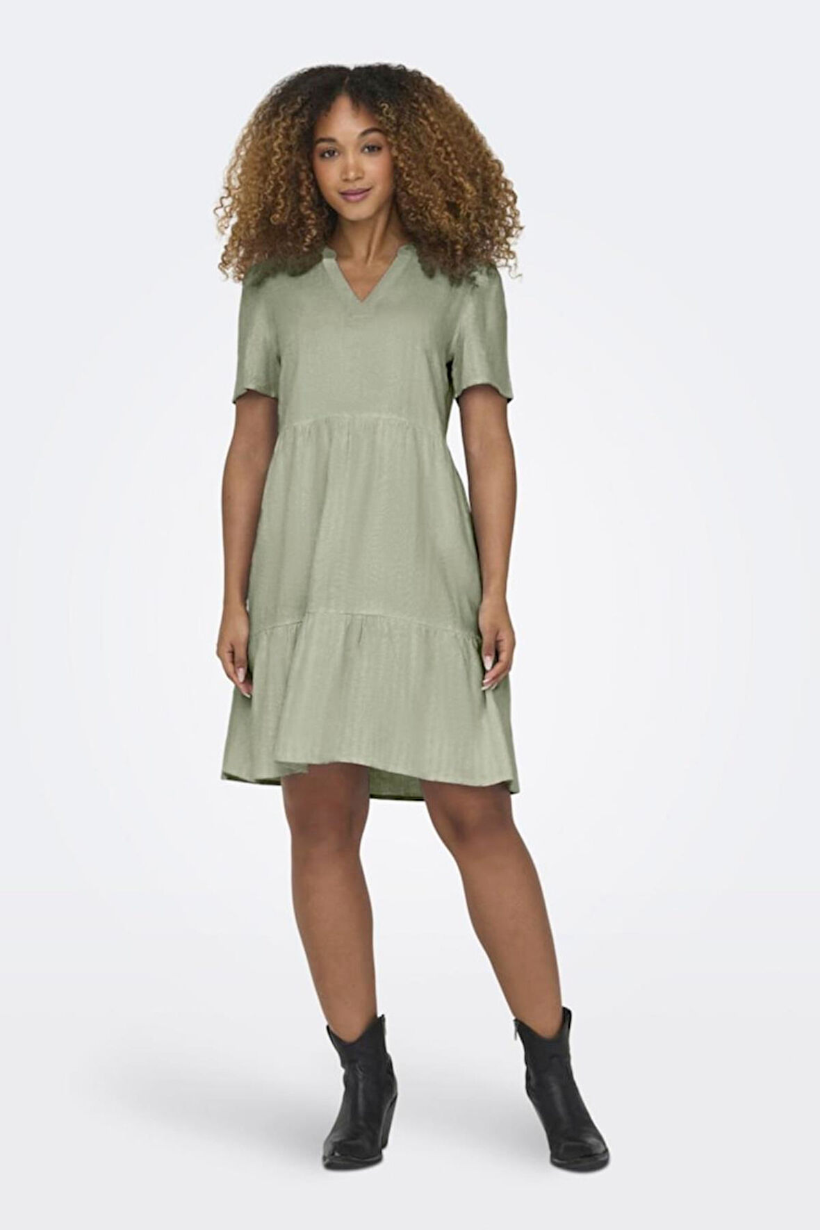 Only Kadın V Yaka Kısa Kollu Keten Elbise 