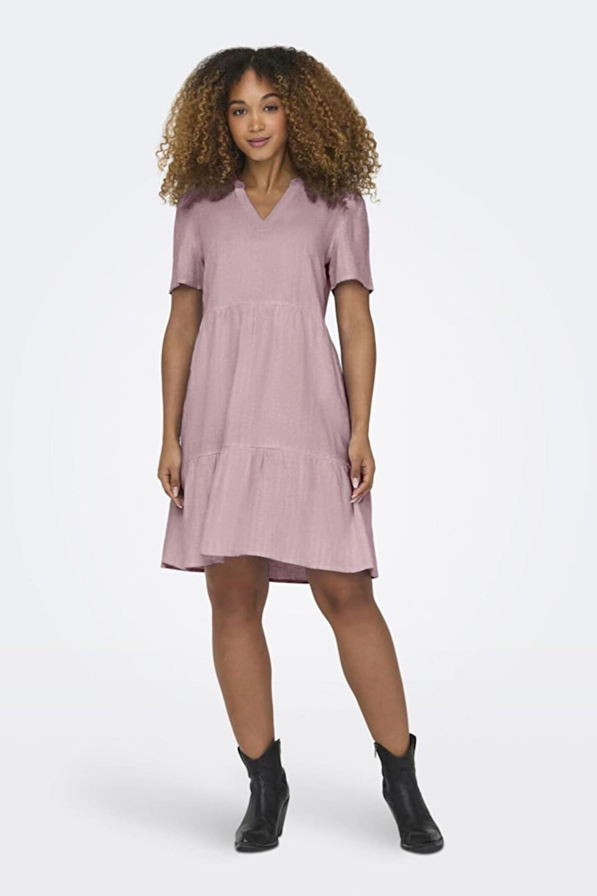 Only Kadın V Yaka Kısa Kollu Keten Elbise 