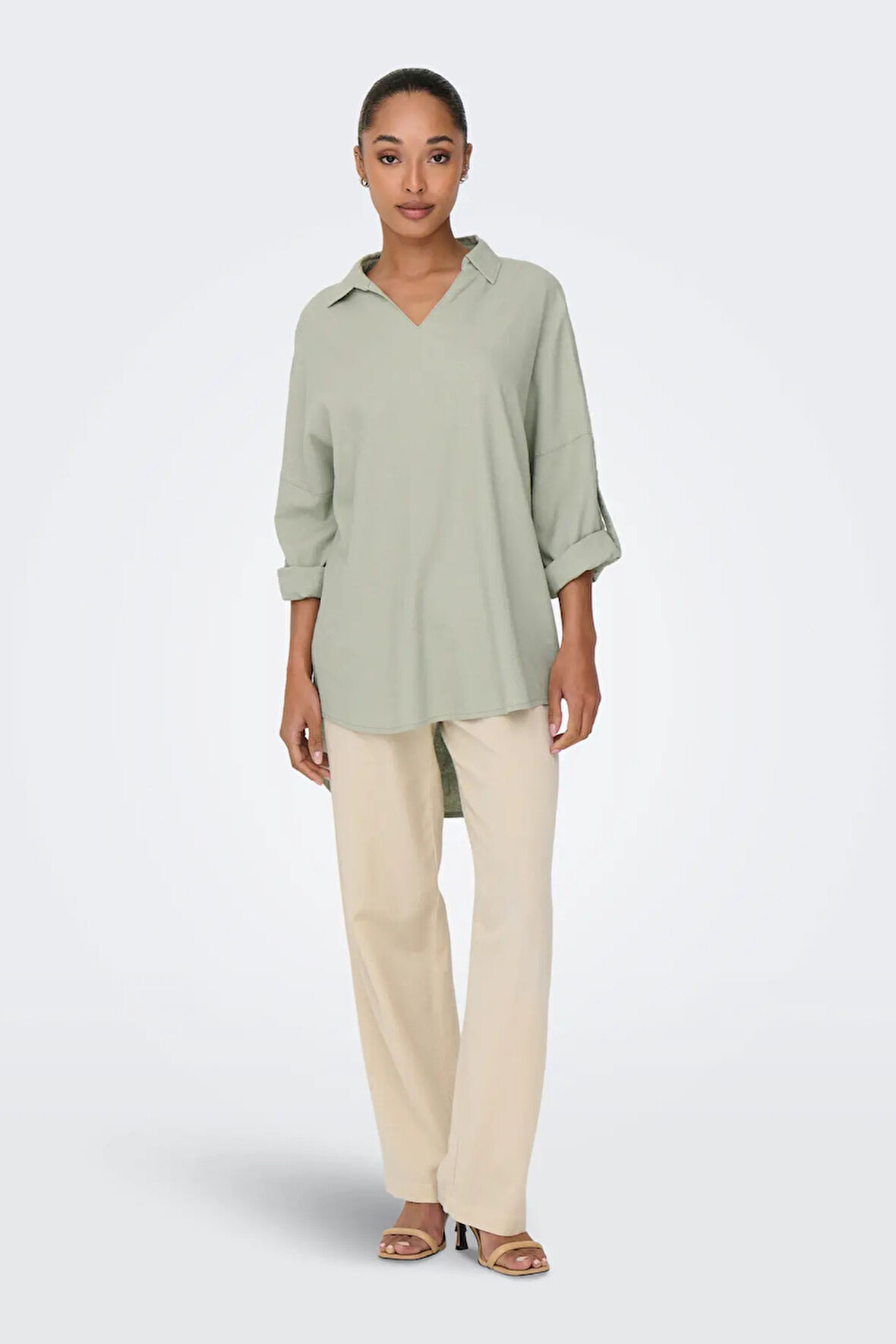 Only Kadın Onlcaro Önü Kısa Arkası Uzun Keten Tunik 15338898 Yeşil